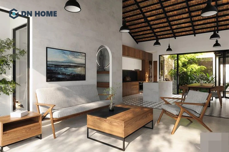Ưu điểm của thiết kế phòng khách và bếp mở trong nhà cấp 4 là tối ưu cả diện tích lẫn chi phí