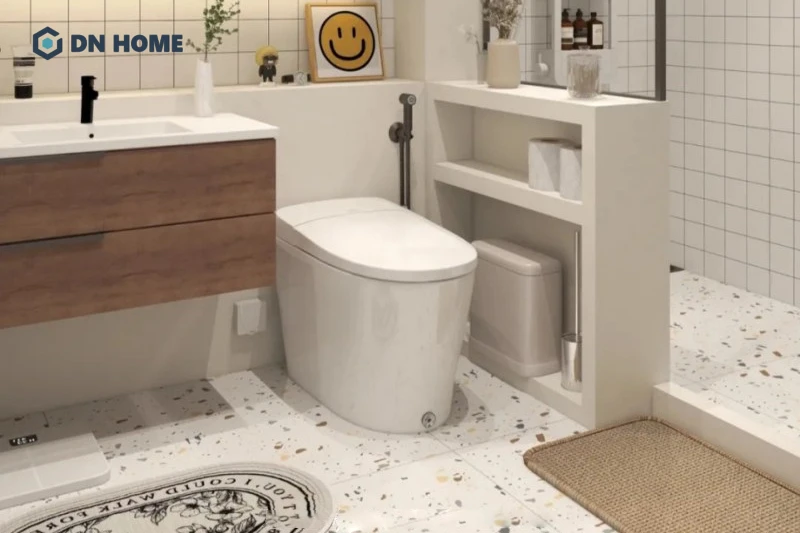 Gạch lát sàn lớn sẽ giúp không gian phòng tắm nhỏ cảm giác rộng rãi hơn