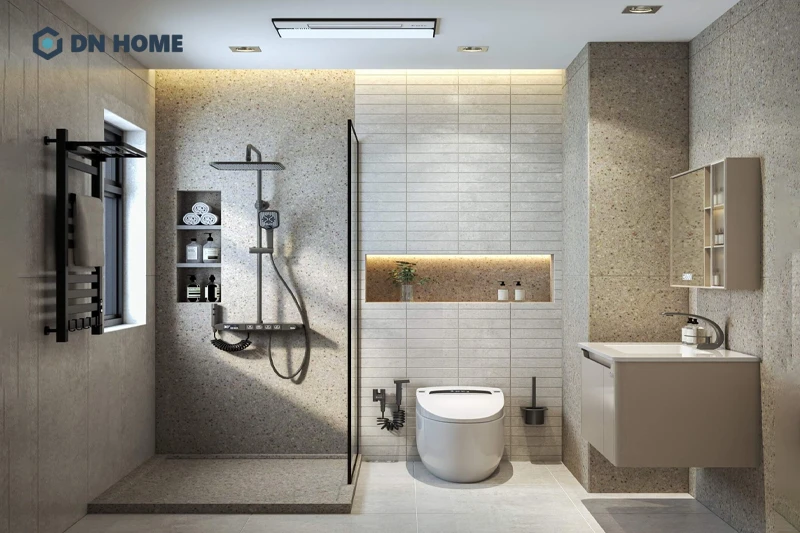 Ánh sáng hợp lý sẽ giúp phòng tắm nhỏ trông thông thoáng, dễ chịu hơn