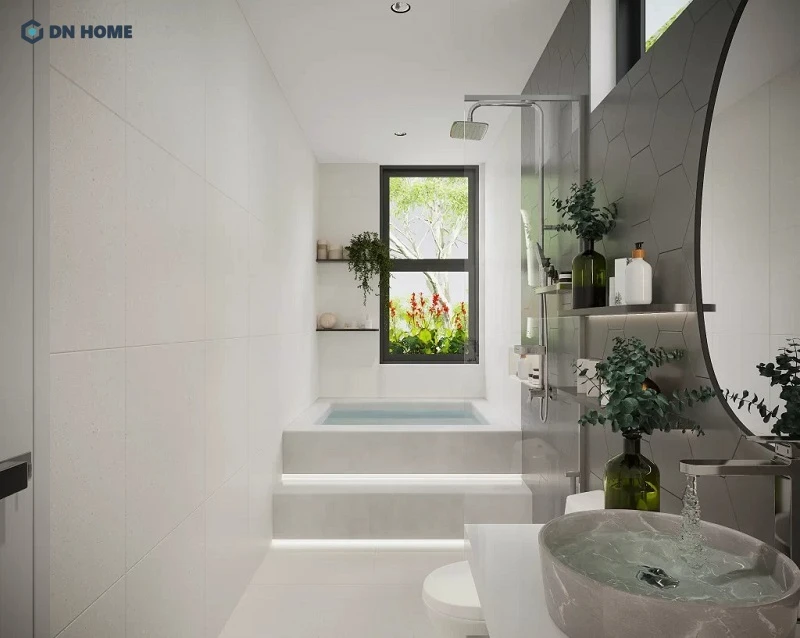 Việc bổ sung những chậu cây xanh nhỏ vào phòng tắm giúp đem lại cảm giác thư giãn, dễ chịu hơn cho không gian