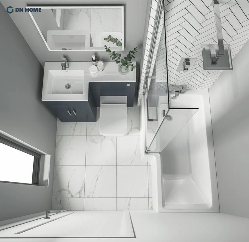 Thiết kế phòng tắm nhỏ 2m2 tận dụng các thiết bị âm tường giúp đem lại vẻ đẹp gọn gàng, tinh tế cho không gian
