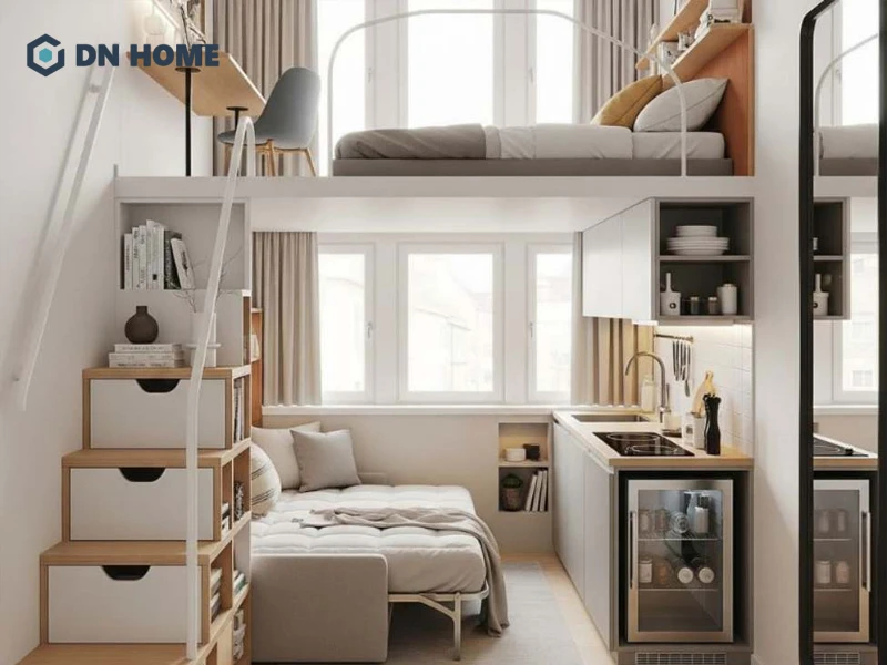 Ghế sofa giường đa năng có thể linh hoạt gắp vào hoặc mở ra, tối ưu không gian phòng trọ 12m2 có gác lửng hiệu quả