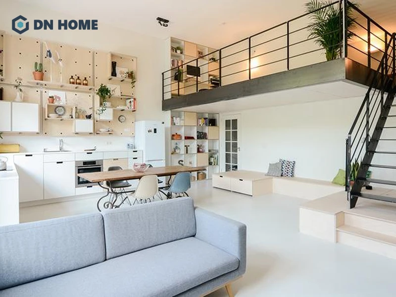 Tận dụng không gian đứng của phòng trọ 12m2 có gác lửng với kệ treo tường để tối ưu khả năng lưu trữ