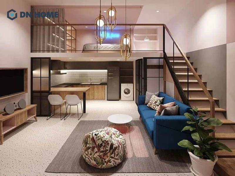 Thảm trải sàn giúp không gian phòng trọ 12m2 có gác lửng thêm phần ấm cúng và cũng là điểm nhấn thẩm mỹ