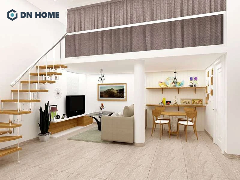 Rèm che giúp tăng thêm sự riêng tư cho khu vực nghỉ ngơi trên gác lửng của phòng trọ 12m2