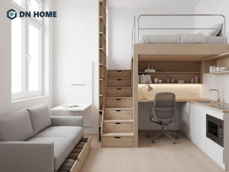 Ánh sáng tự nhiên là không thể thiếu khi thiết kế phòng trọ gác lửng 12m2 để đảm bảo sự thoáng đãng, thoải mái