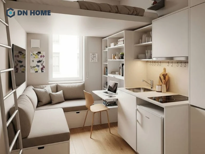 Khu vực tầng trệt của phòng trọ 12m2 có gác lửng thường được sử dụng để bố trí không gian sinh hoạt chung