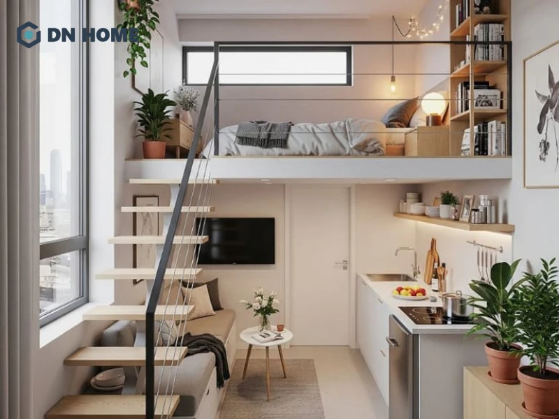 Không gian cần sự riêng tư, yên tĩnh như phòng ngủ, làm việc sẽ được bố trí trên gác lửng của phòng trọ