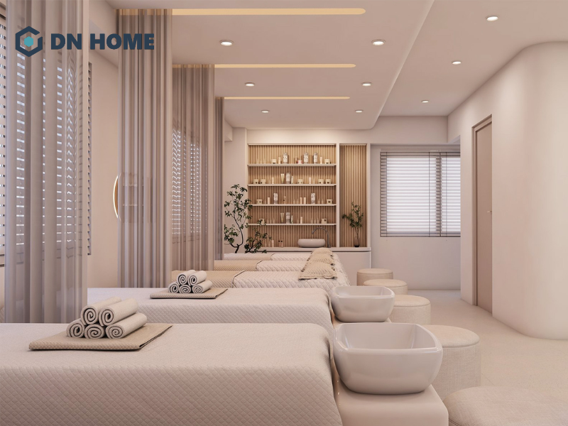 Không gian spa tập trung vào giường dịch vụ giúp tối ưu thao tác chăm sóc da