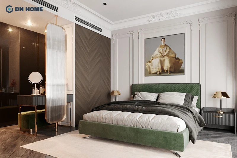 Chi tiết phào chỉ tỉ mỉ và kim loại mạ vàng càng làm nổi bật thêm vẻ đẹp thượng lưu của không gian sống