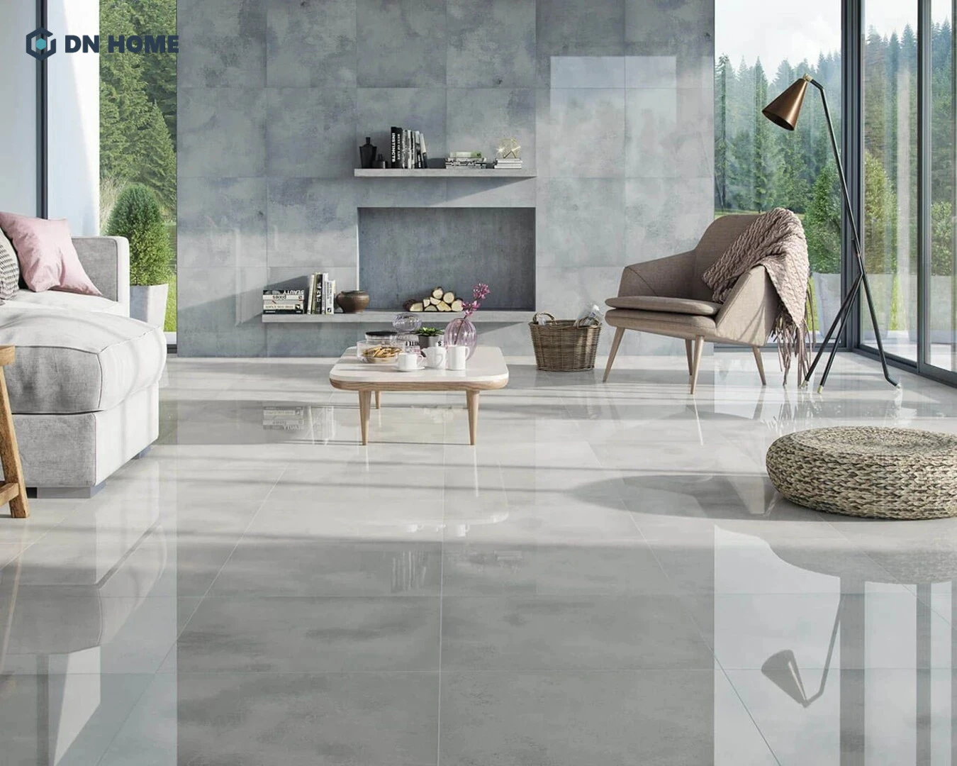 Bề mặt gạch lát nền 80x80 bóng kính tạo cảm giác sang trọng cho không gian