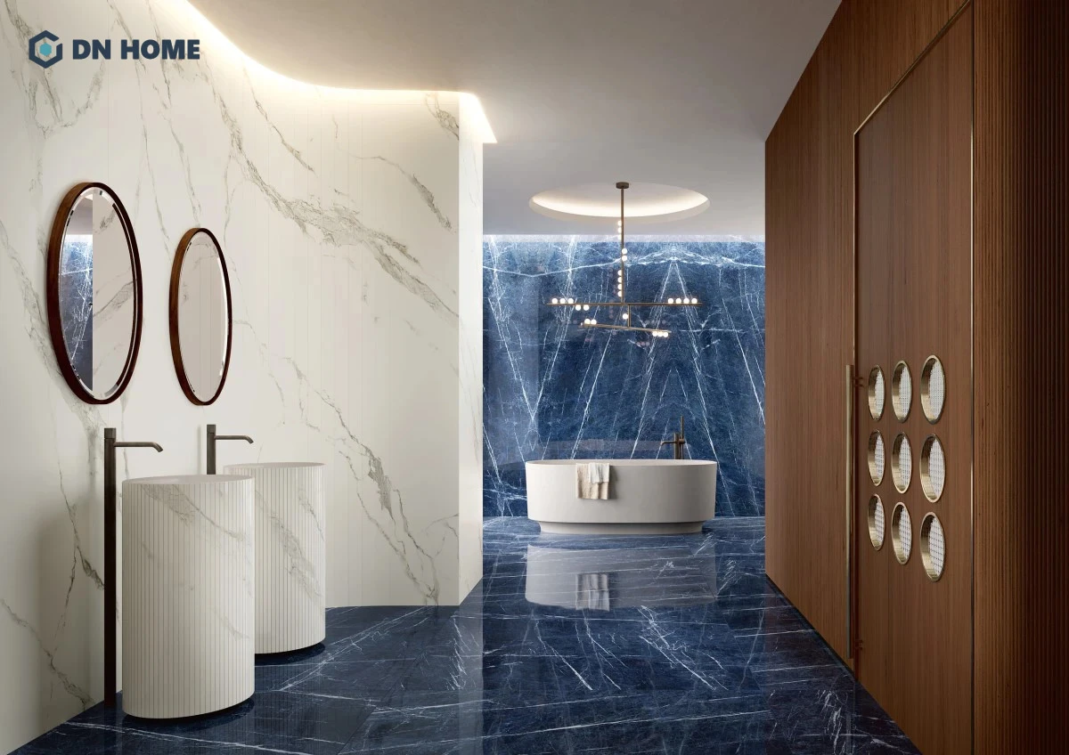 Gạch lát 80x80 màu xanh biển vân mây nổi bật, tạo điểm nhấn riêng biệt cho không gian