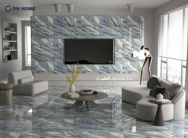 Phòng khách sử dụng gạch lát 80x80 với hoạ tiết độc đáo, góp phần tăng thêm tính thẩm mỹ cho không gian
