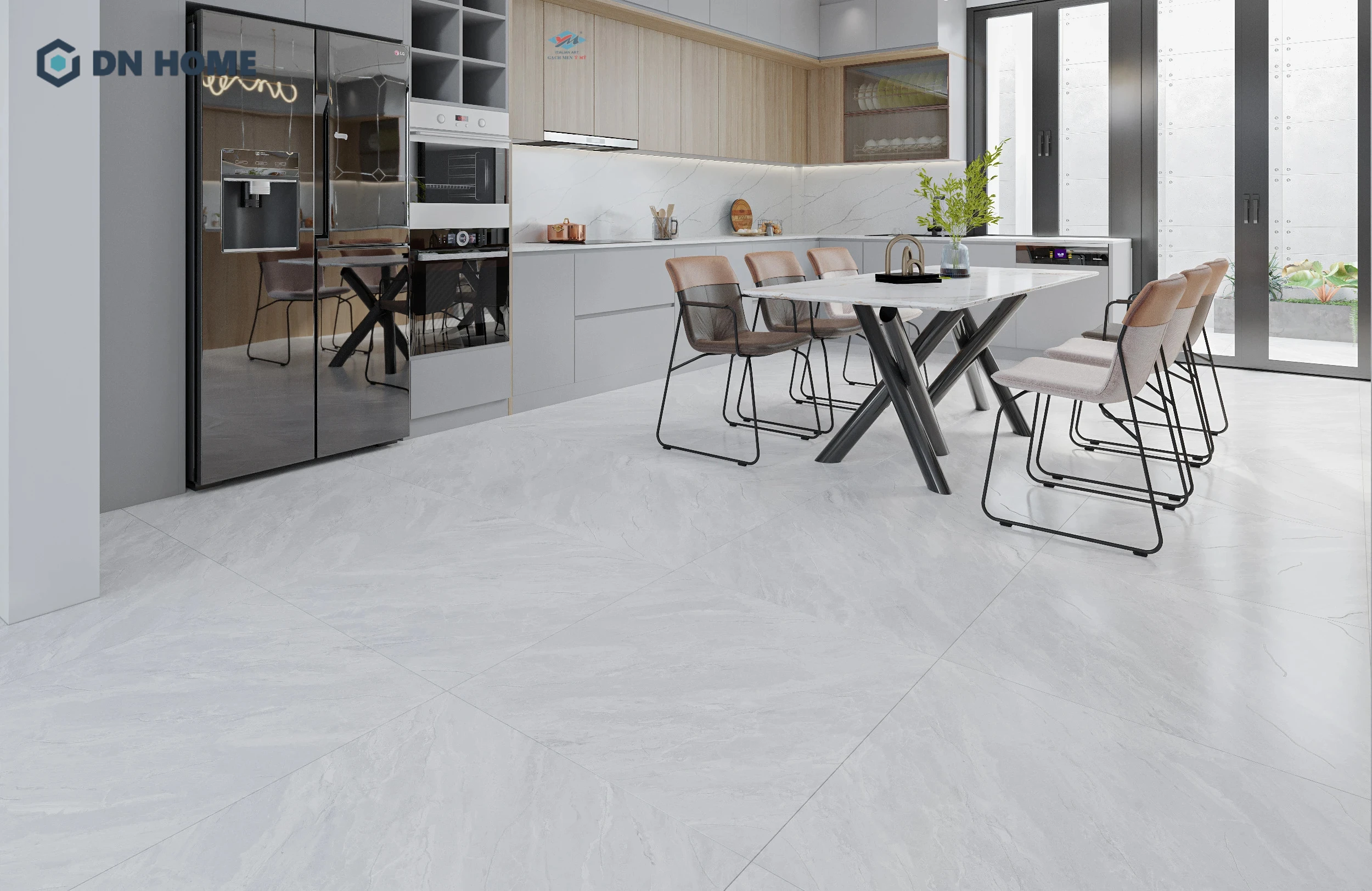 Gia chủ có thể ưu tiên lựa chọn các loại gạch lát nền bề mặt sáng bóng để tạo sự sang trọng cho không gian nấu nướng