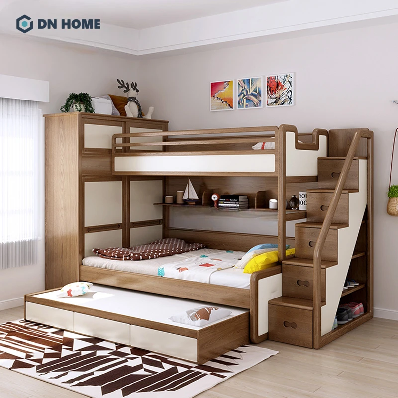 Mẫu thiết kế giường tầng tích hợp nhiều công năng như kệ trang trí, tủ quần áo