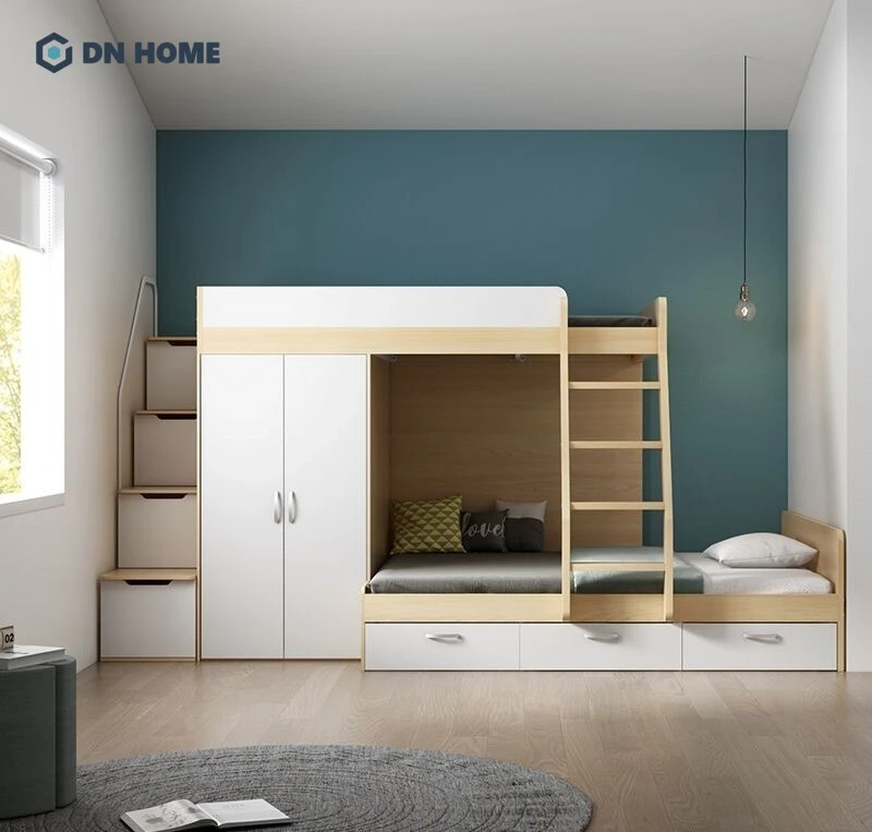 Mẫu thiết kế giường tầng kết hợp tủ quần áo với gam màu nhẹ nhàng thích hợp dành cho bé gái