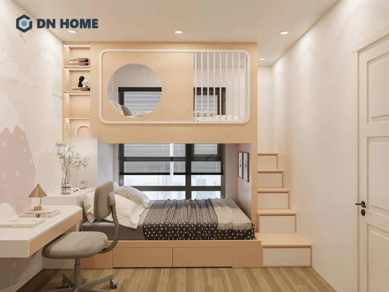 Mẫu thiết kế giường tầng kết hợp tủ quần áo với gam màu nhẹ nhàng dành cho người lớn