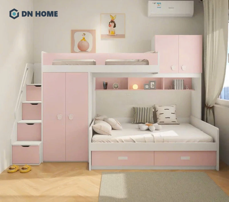 Mẫu giường tầng tích hợp tủ quần áo với gam màu hồng nữ tính dành cho bé gái