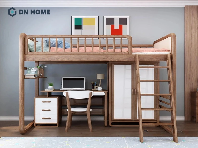 Mẫu thiết kế giường tầng tích hợp tủ quần áo gỗ tự nhiên với vẻ đẹp sang trọng