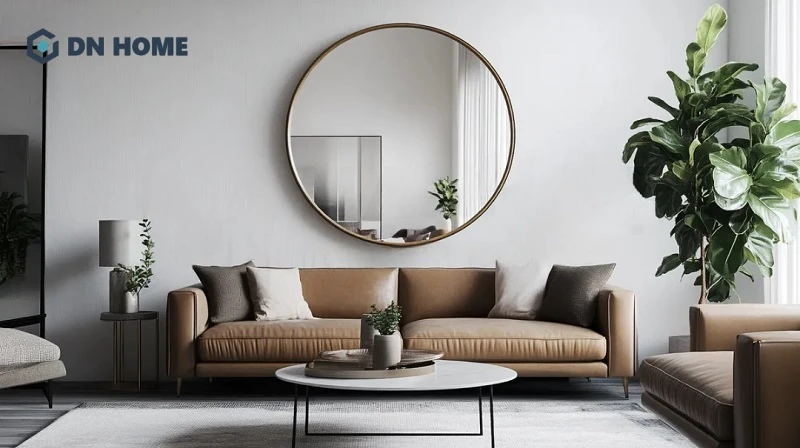 Gương decor phòng khách hình tròn đem lại cảm giác mềm mại, hài hoà cho không gian sống