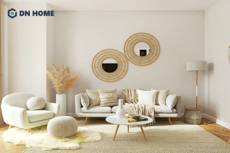 Mẫu gương trang trí phòng khách kết hợp khung độc đáo, phù hợp với phong cách Scandinavian