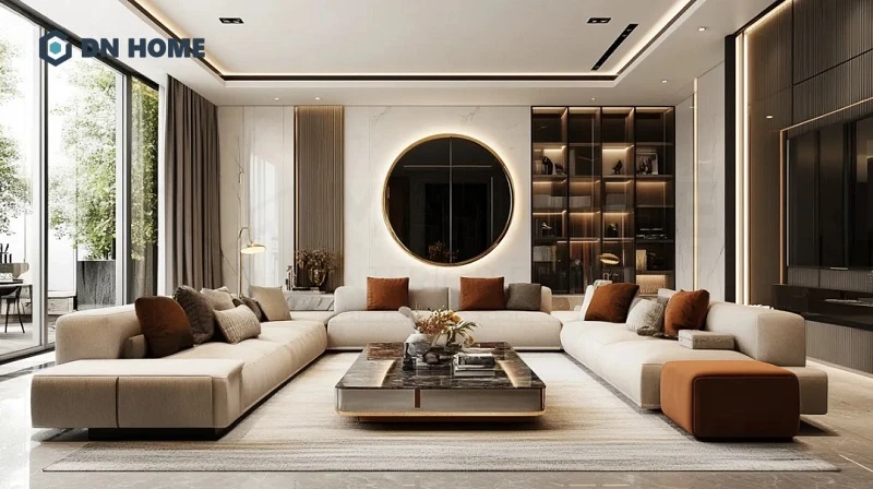 Gương decor phòng khách hiện đại kết hợp viền độc đáo, giúp không gian thêm phần nổi bật