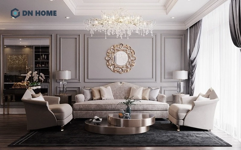 Mẫu gương trang trí không gian phòng khách tân cổ điển sang trọng với phần khung được chạm khắc đẹp mắt