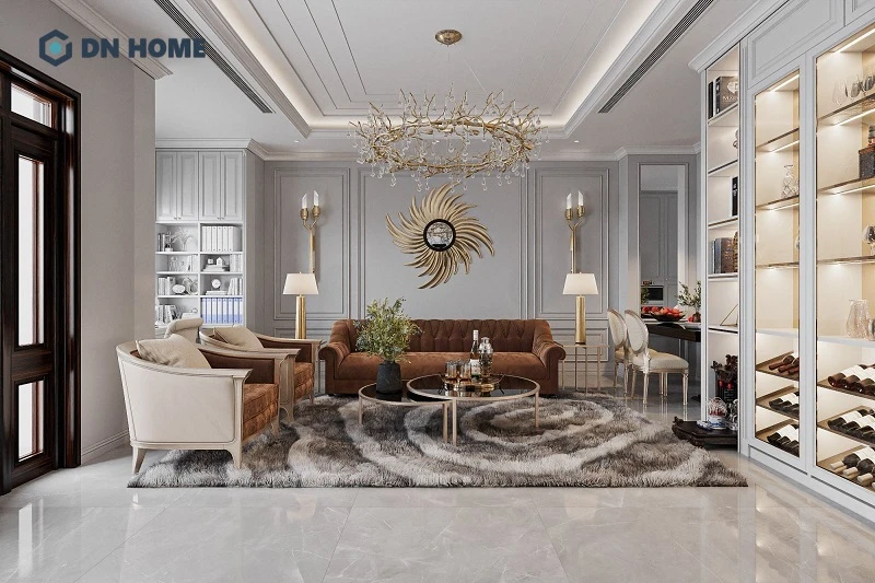Gương trang trí phòng khách thiết kế có những phần tia mạ vàng xung quanh, giúp đem lại sự sang trọng cho tổng thể