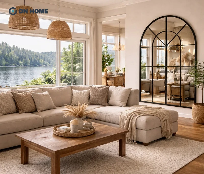 Khi đặt gần cửa sổ thực, gương trang trí sẽ giúp phản chiếu ánh sáng tốt hơn, giúp phòng khách luôn sáng sủa, thoáng đãng hơn