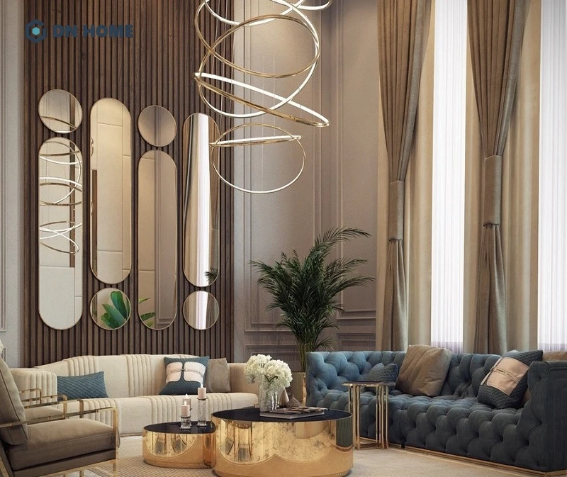 Khi được đặt ở vị trí phù hợp, gương trang trí giúp không gian phòng khách trông rộng thoáng hơn