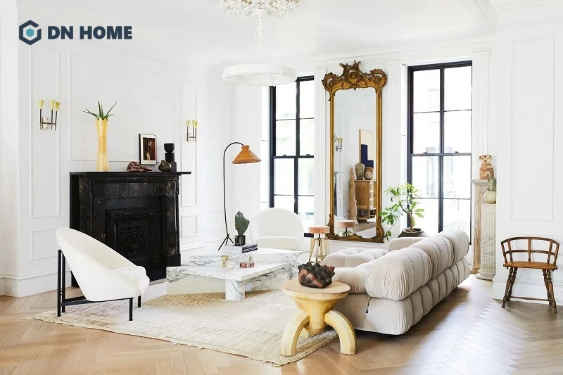 Gương decor phòng khách giúp tăng thêm phần thẩm mỹ cho phần bức tường trống trải