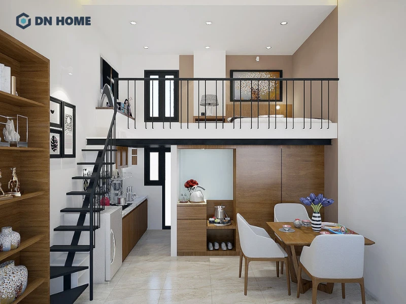 Mẫu thiết kế nhà trọ cho thuê có gác tiện nghi, sử dụng gỗ công nghiệp góp phần tăng sự ấm cúng cho không gian
