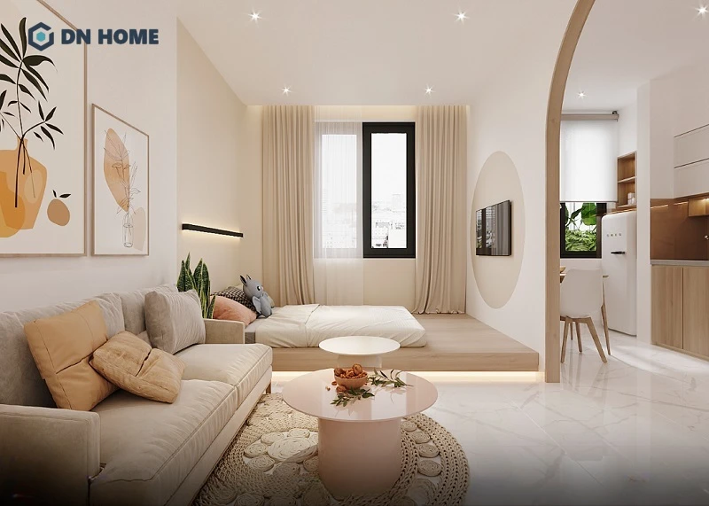 Mẫu thiết kế nhà trọ cho thuê đẹp, sử dụng vách ngăn tinh tế phân chia khu vực nấu ăn và nghỉ ngơi