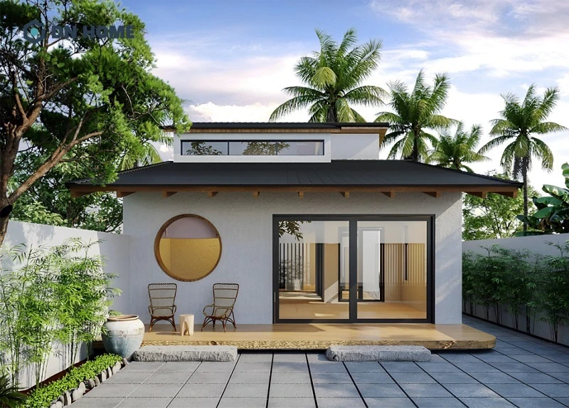 Mẫu nhà kiểu Nhật đơn giản ưu tiên đường nét thiết kế đơn giản, kết hợp cùng màu sắc tươi sáng