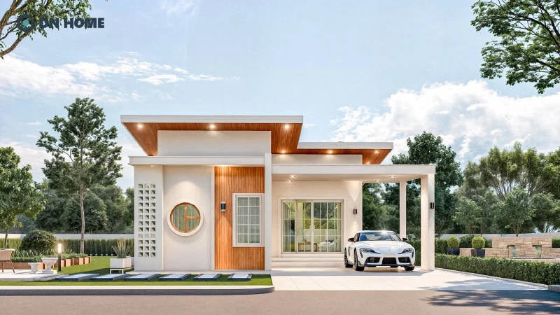 Nhà 1 tầng mái bằng có đặc điểm đường nét, hình khối rõ ràng và vững chắc