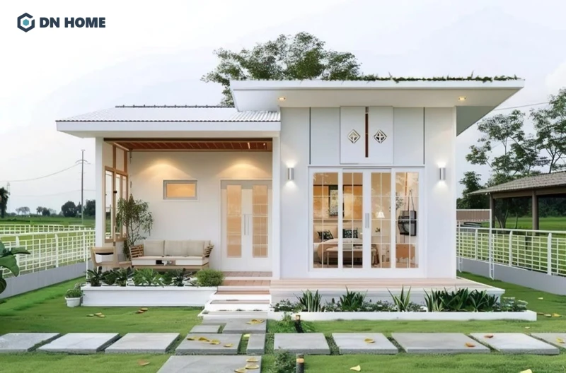 Nhà mái bằng 1 tầng ở nông thôn thường được thiết kế có sân vườn, gần gũi với thiên nhiên