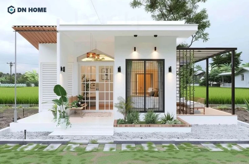 Sân vườn nhà 1 tầng mái bằng nông thôn thường lát đá hoặc trang trí tiểu cảnh