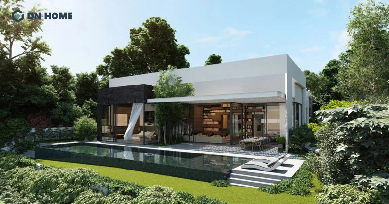 Không gian sân vườn kết hợp kiến trúc hiện đại giúp biệt thự 1 tầng mái bằng trở nên đẹp, ấn tượng hơn