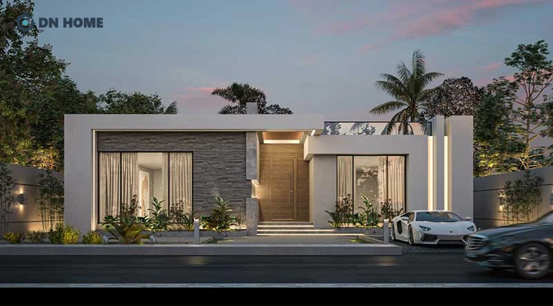 Nhà 1 tầng mái bằng phong cách hiện đại nổi bật với đường nét vuông vức, hình khối mạnh mẽ