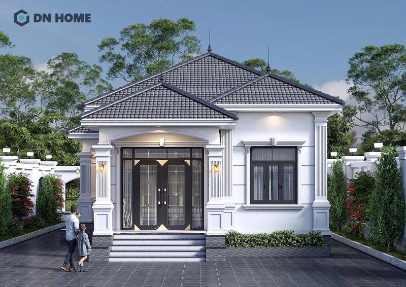 Mái Thái kết hợp hệ cột và phào chỉ giúp nhà 1 tầng trở nên bề thế và thu hút hơn