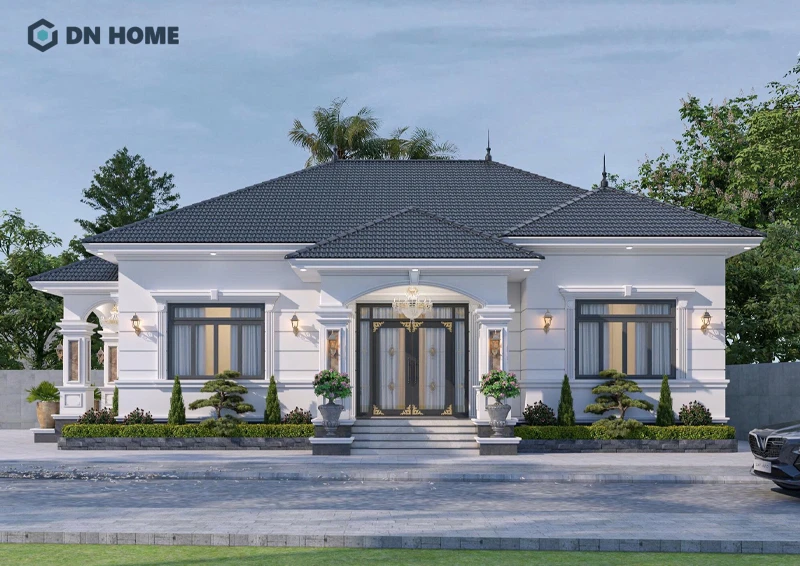 Bồn hoa bao quanh nhà càng làm tăng lên giá trị thẩm mỹ nhà mái Thái 1 tầng phong cách sang trọng