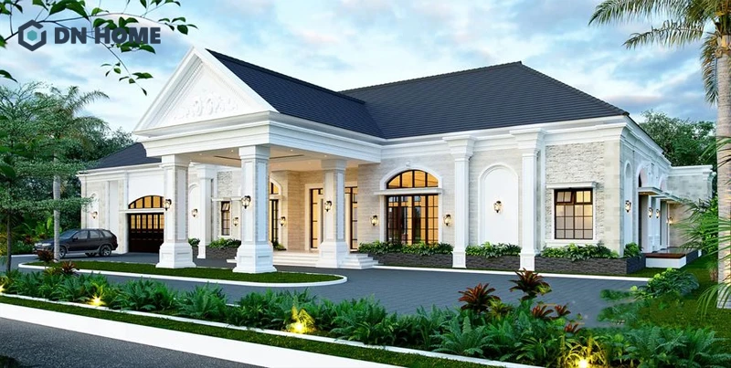 Phần mái Nhật giúp cho tổng thể kiến trúc nhà 1 tầng 4 phòng ngủ không bị nặng nề