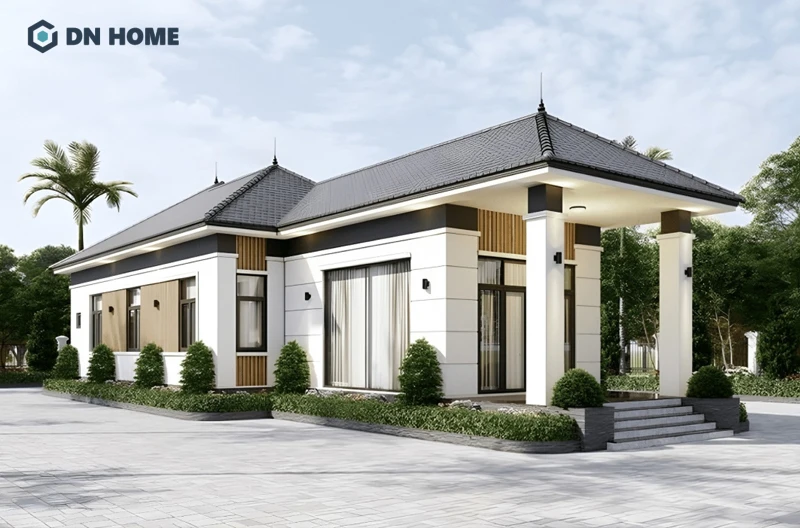 Nhà 1 tầng mái Nhật thiết kế theo phong cách đơn giản tập trung vào hình khối rõ ràng và tối ưu công năng