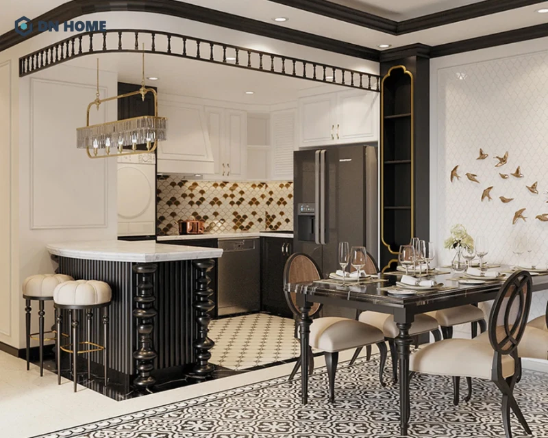 Phòng bếp căn hộ phong cách Indochine thường thiết kế theo bố cục chữ L để tối ưu diện tích