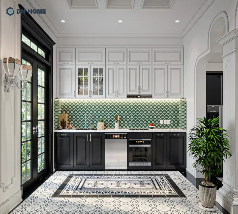 Phòng bếp Indochine sử dụng gạch mosaic rẻ quạt ốp tường màu xanh tạo điểm nhấn thẩm mỹ hiệu quả