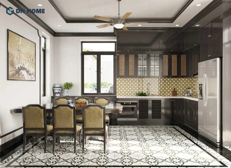 Phòng bếp phong cách Đông Dương sử dụng chất liệu gỗ làm chủ đạo, mang đến vẻ đẹp hoài cổ và ấm cúng