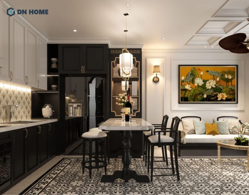 Gạch bông lát nền, tranh ảnh hoa sen,... là những chi tiết đậm chất Á Đông không thể thiếu trong căn bếp Indochine