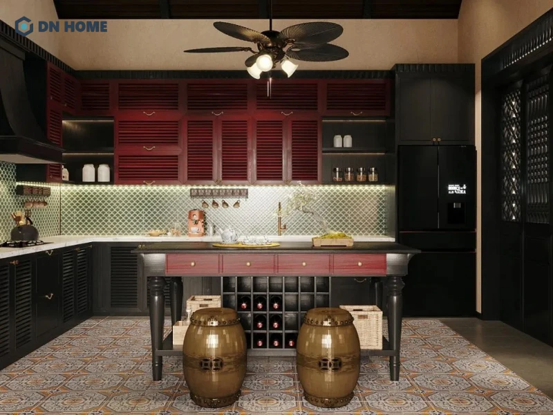 Thiết kế phòng bếp nhà phố theo phong cách Indochine ấn tượng với việc kết hợp các gam màu truyền thống