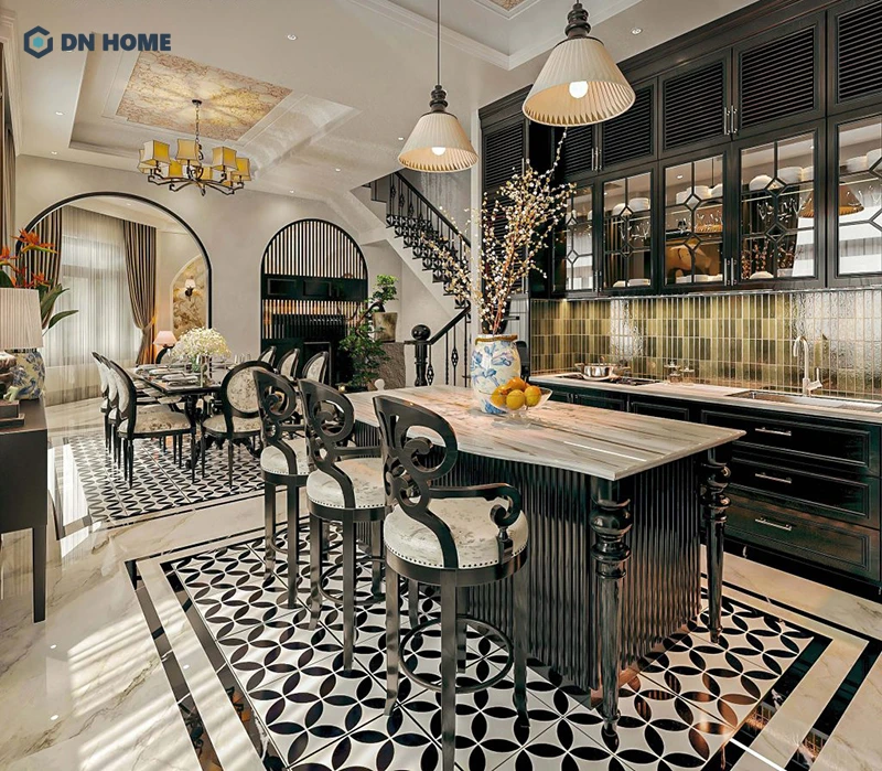 Đảo bếp thường được tích hợp để tăng thêm vẻ đẹp sang trọng cho phòng bếp biệt thự Indochine