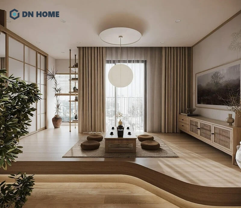 Đèn lồng và cây xanh là điểm nhấn tăng tính thẩm mỹ trong không gian nội thất đơn giản kiểu Nhật